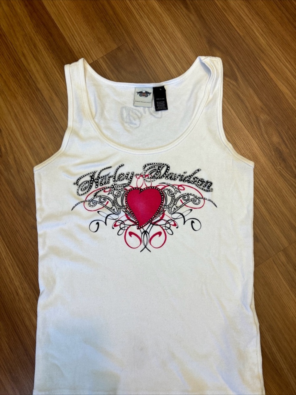 Harley-Davidson White Tank with Pink Heart and Black Scroll Graphic